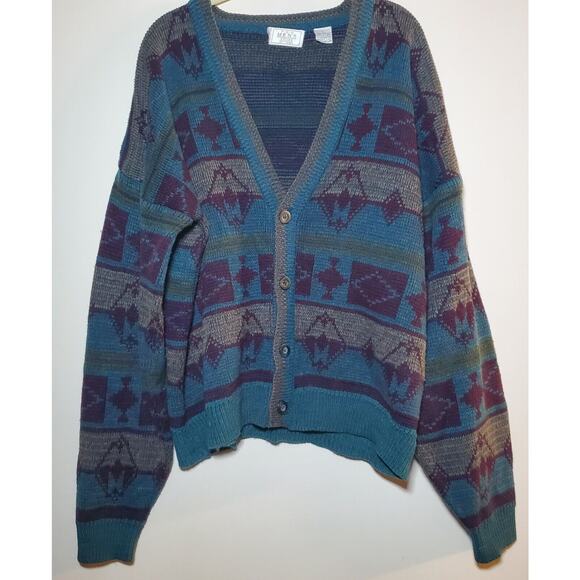 Vintage The Mens Store at Sears Cardigan Sweater L Grandpa Southwestern Blues - Picture 1 of 7